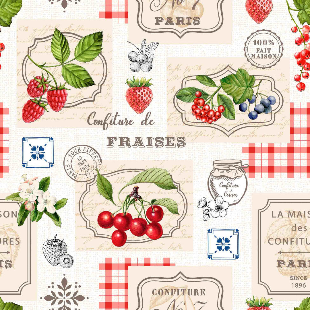 Griotte - Nostalgisk fransk vaxduk med fruktmotiv närbild