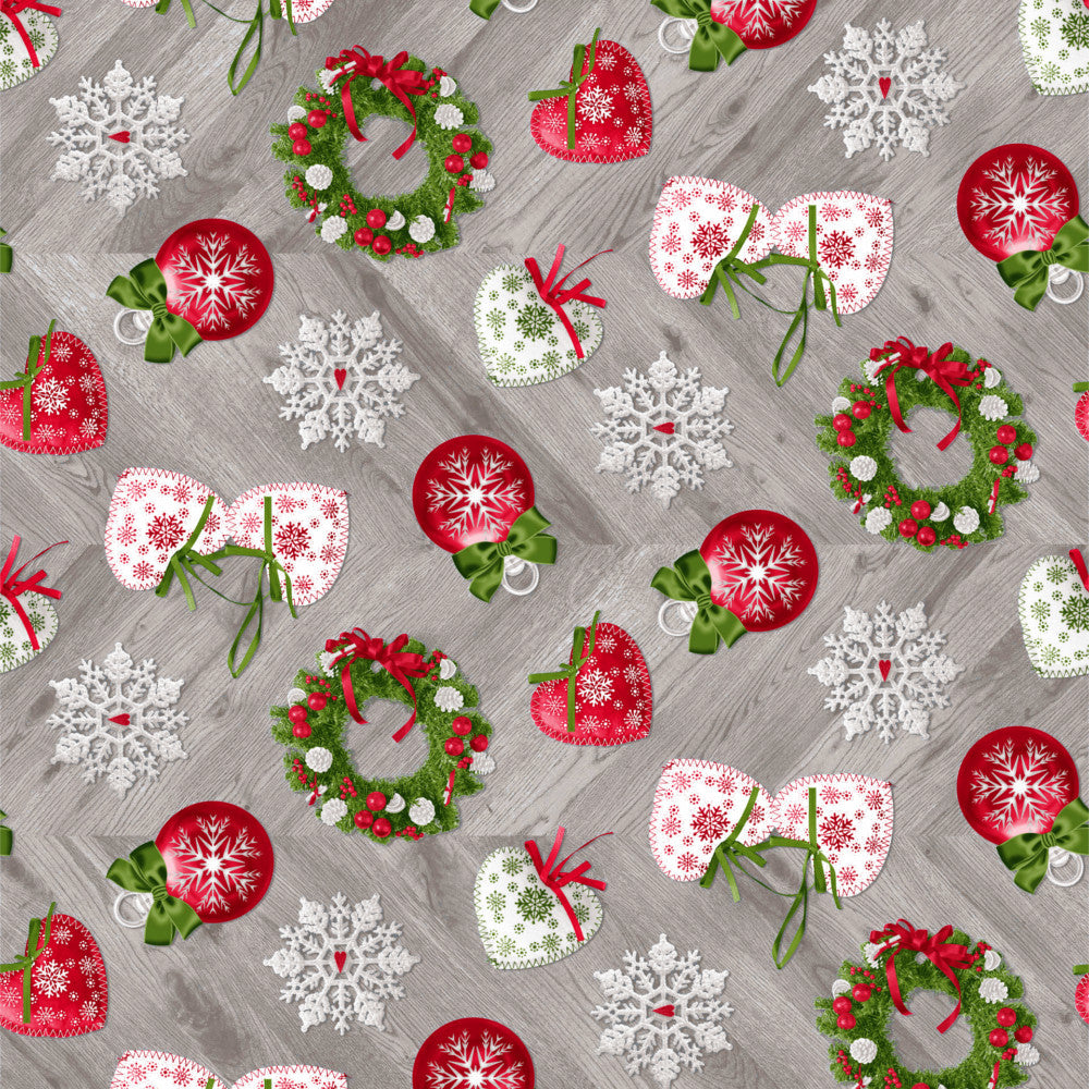 Guirnalda Grå, närbild med kulor, hjärtan och kransar