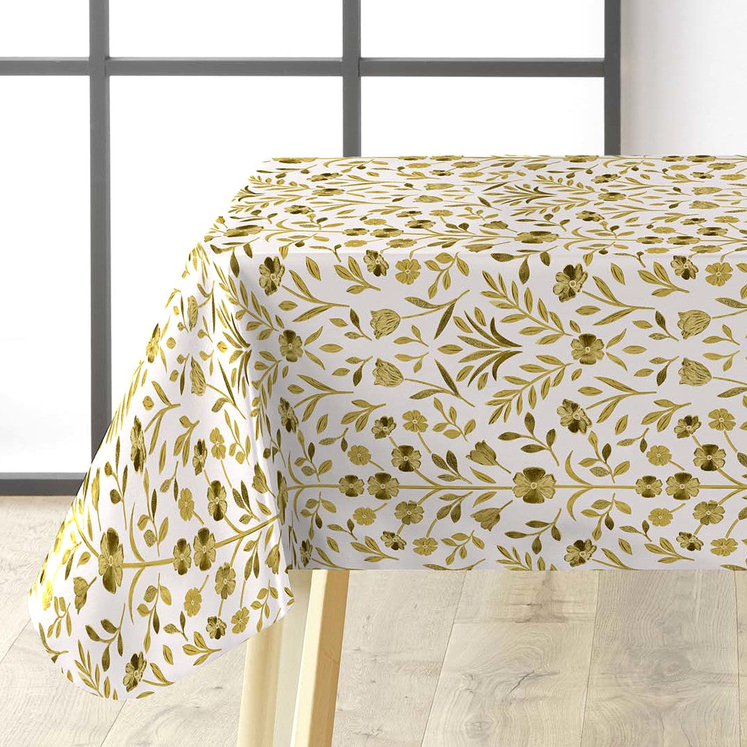 På bordet Guldflor Elegance - Vaxduk med präglade guldblommor
