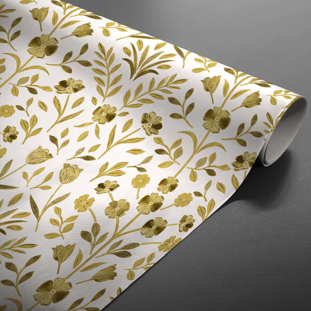 På rulle Guldflor Elegance - Vaxduk med präglade guldblommor, vit bas