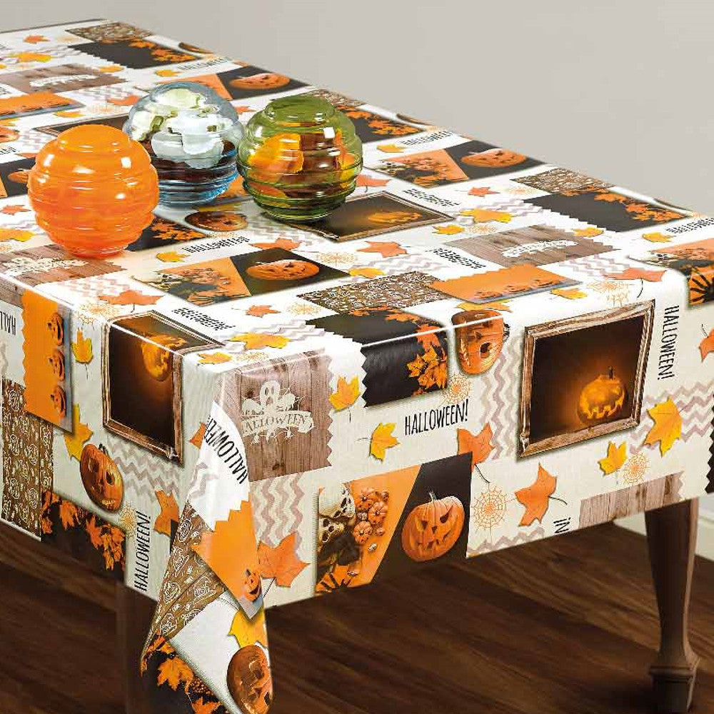 Miljöbild Halloween, vaxduk med spöken, spindelväv, pumpor