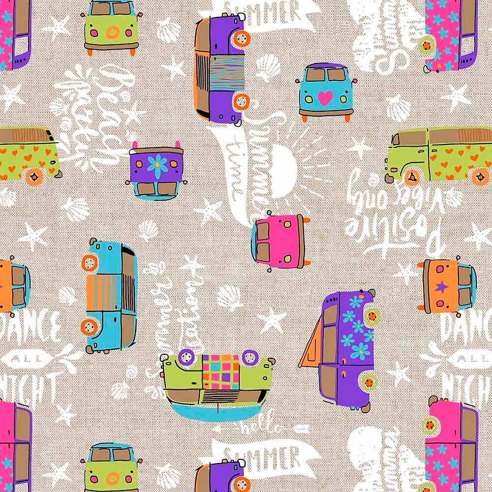 Hippie - textilvaxduk med färgglada minibussar