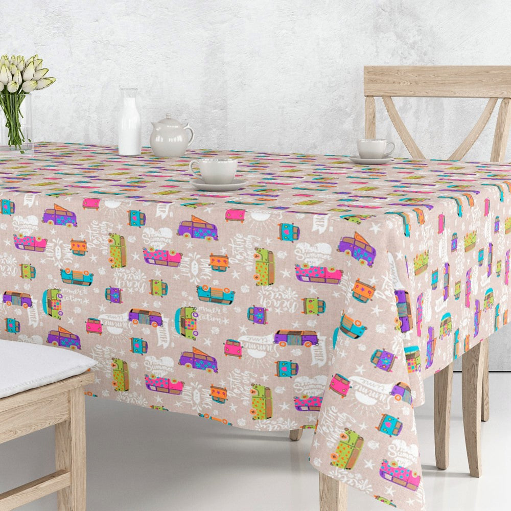 Hippie - textilvaxduk med färgglada minibussar