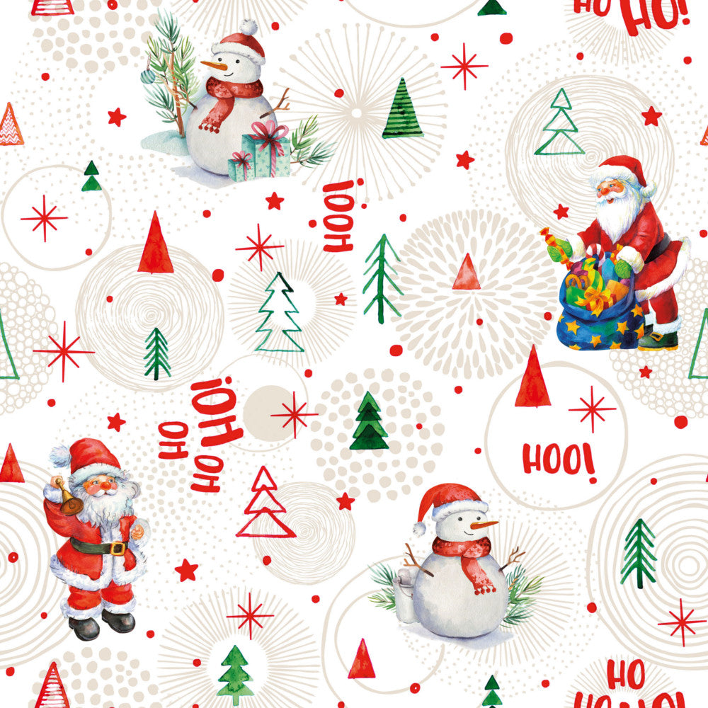 Ho Ho Ho Beige - Julvaxduk med jultomten och snögubbar