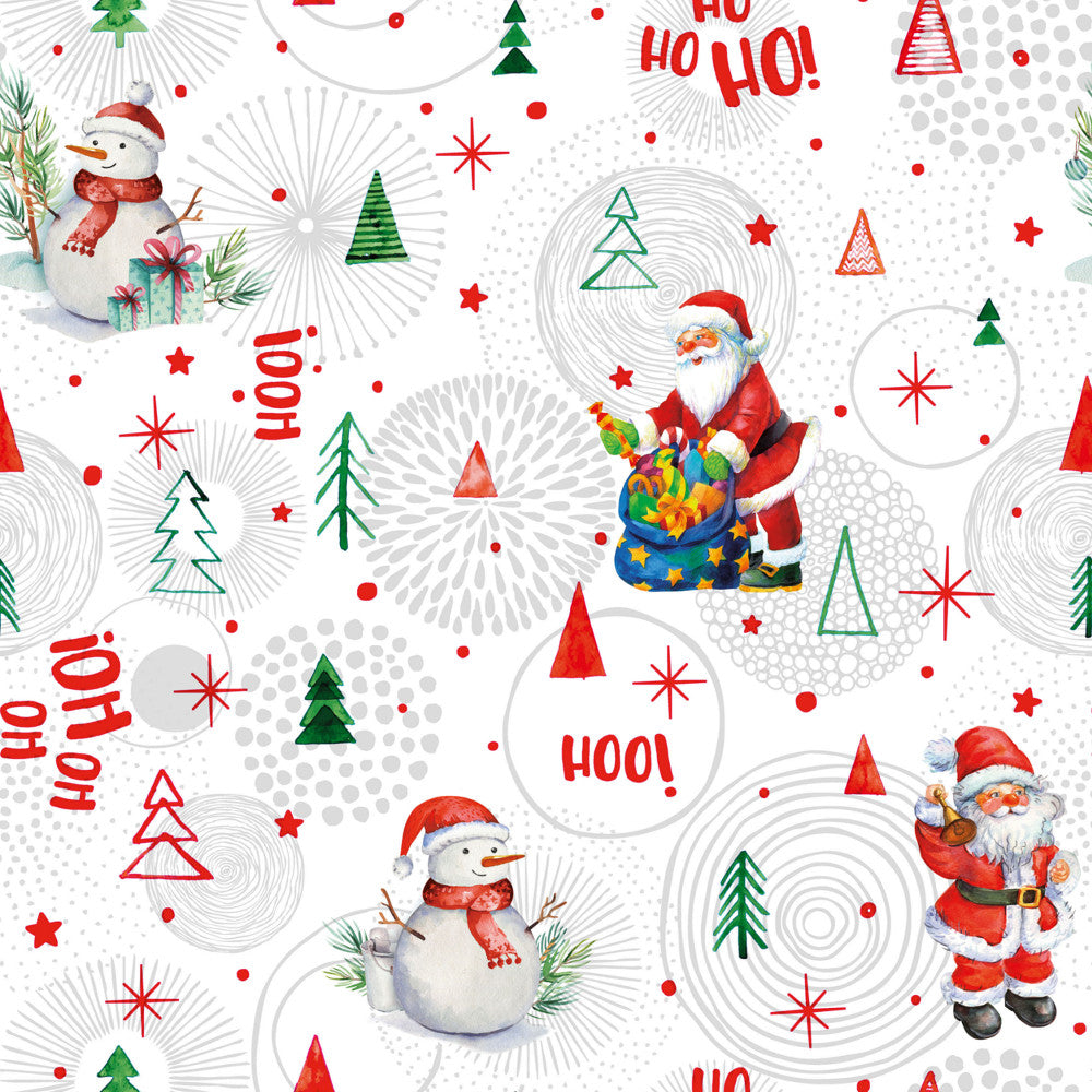 Ho Ho Ho Grå - Julvaxduk . Närbild Granar, tomten, snögubben