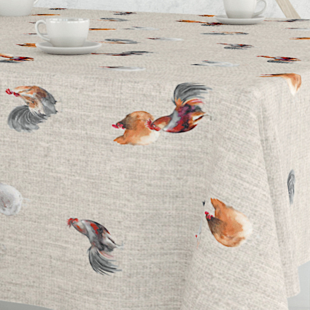 Höns i det Fria - textilduk med linnelook och vackert akvarellmålade