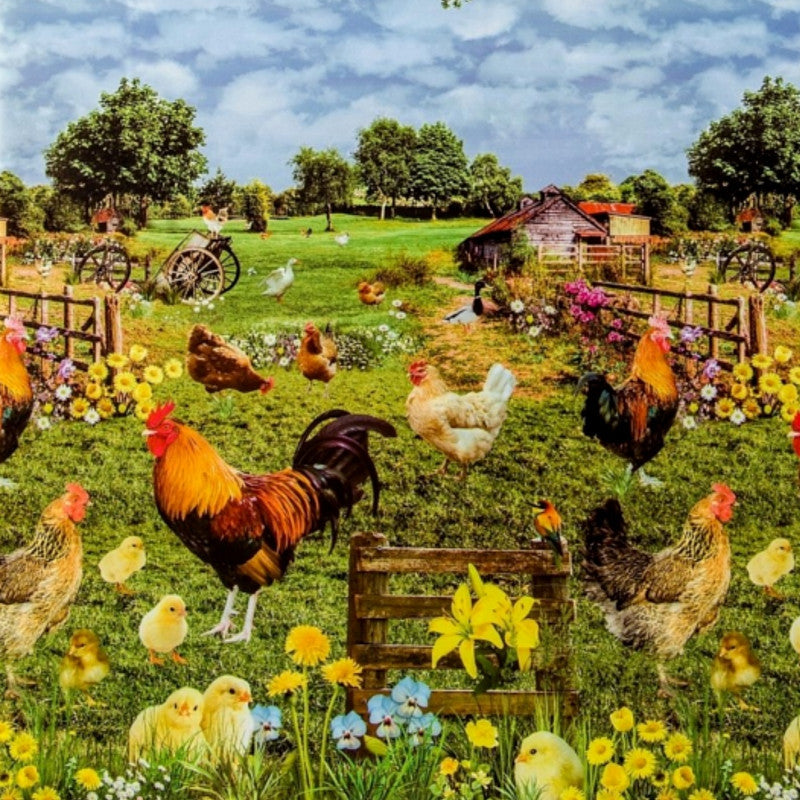 Närbild av Hönsgården. Vaxduk med höns, kycklingar och tuppar.