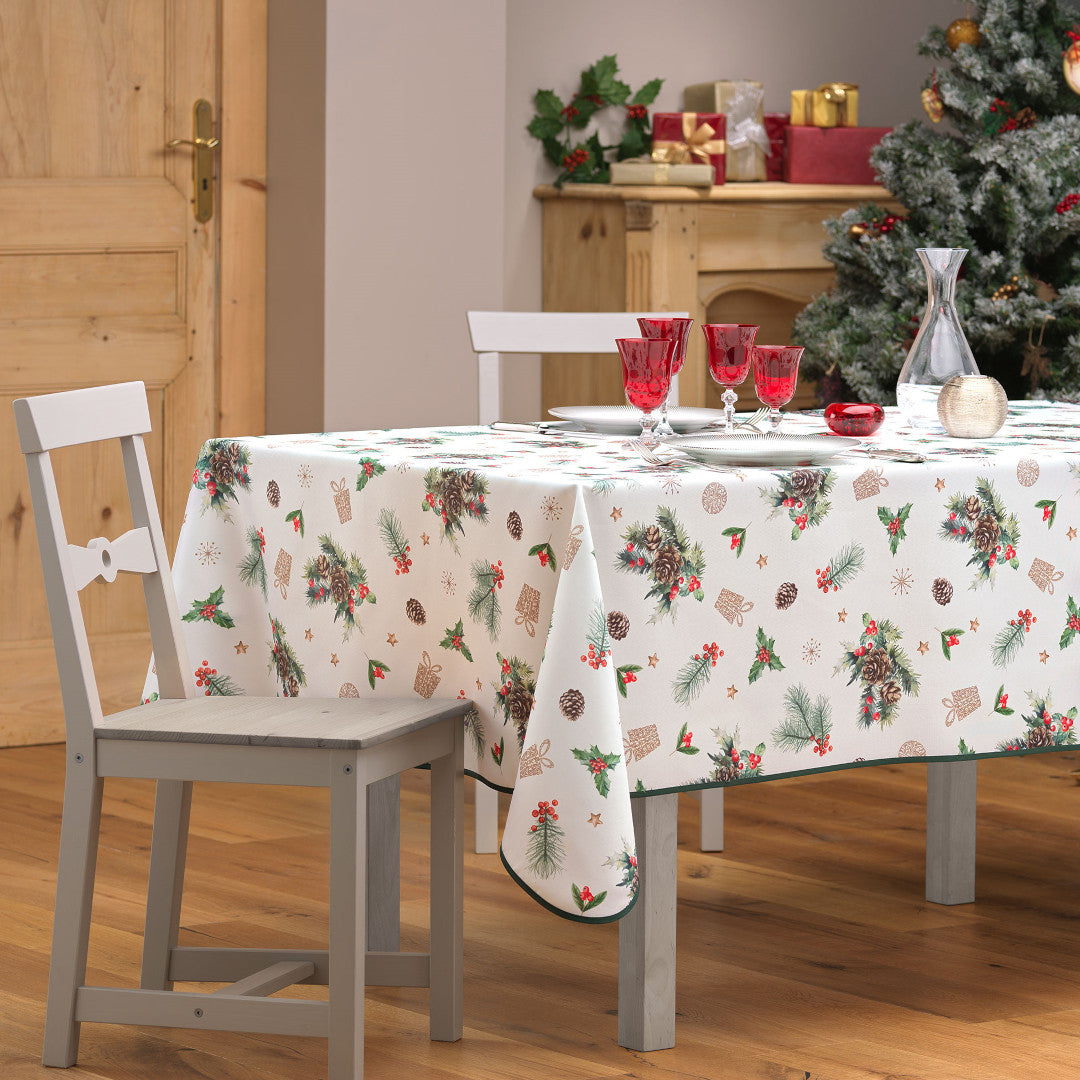 Hollystar 150 x 240 cm, rektangulär julduk med fläckskydd, på bordet