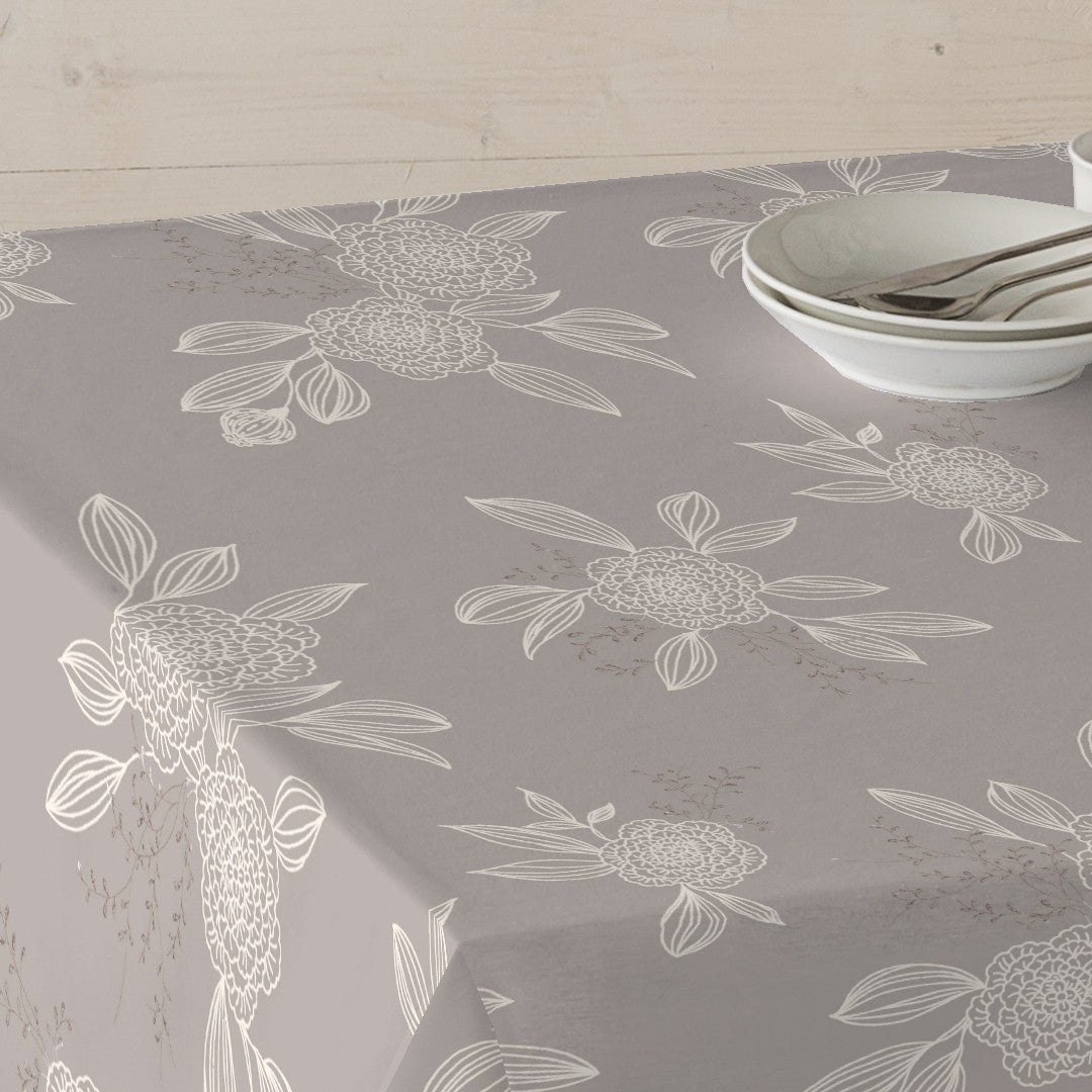 Japondi Mörk Beige - textilvaxduk med vita streckblommor