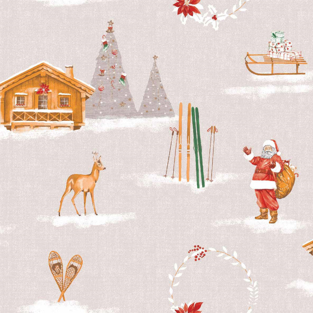 Jul i fjällen Beige - Julvaxduk med fjällstuga, Närbild skidor, hare,rådjur