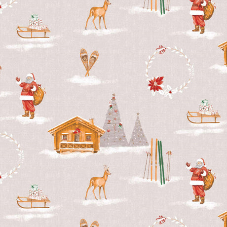 Jul i fjällen Beige - Julvaxduk med fjällstuga. Närbild tomten, julgran kälke med paket