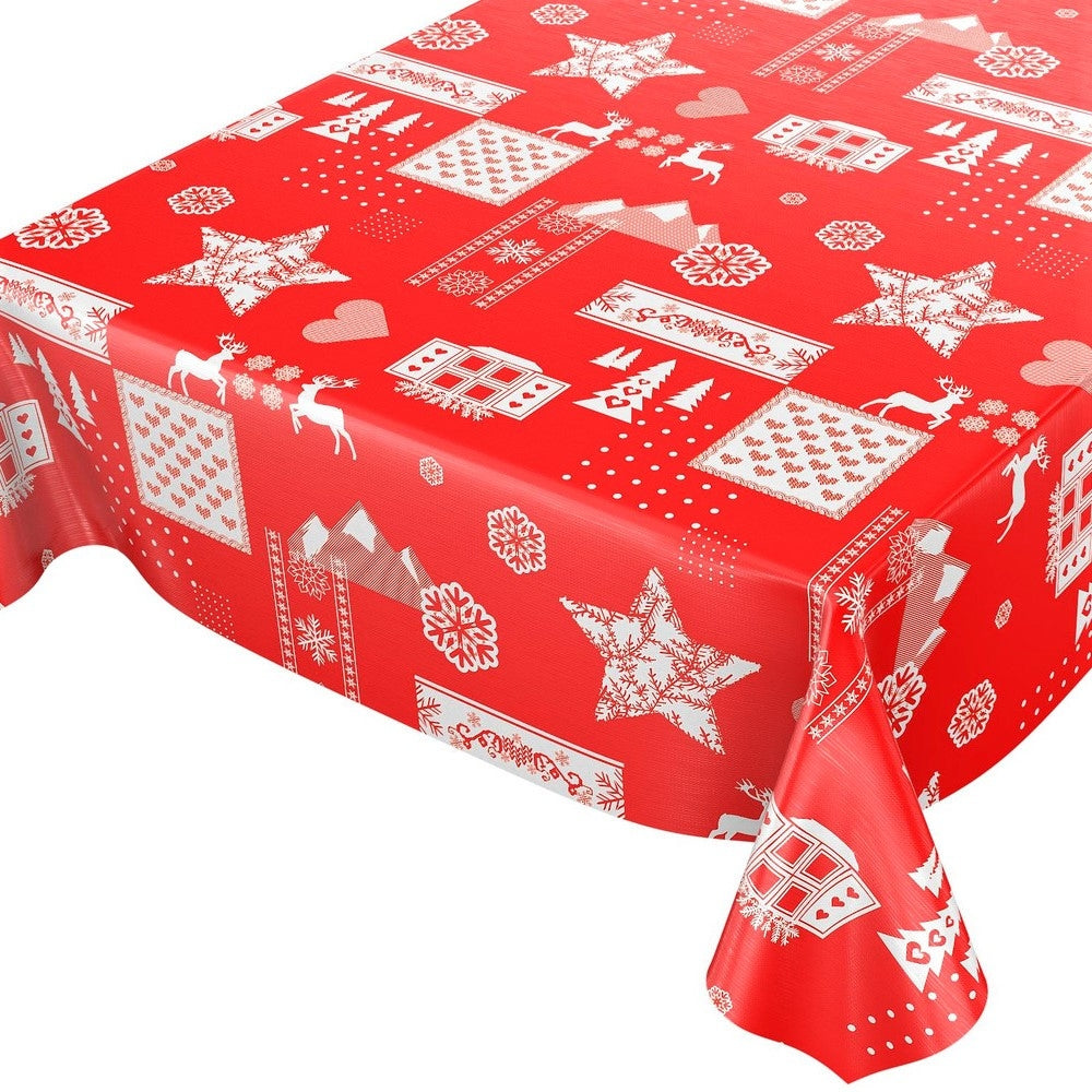 Julvaxduk- Jul i Tyrolen röd på bordet, med renar, hjärtan , stugfönster och snöflingor