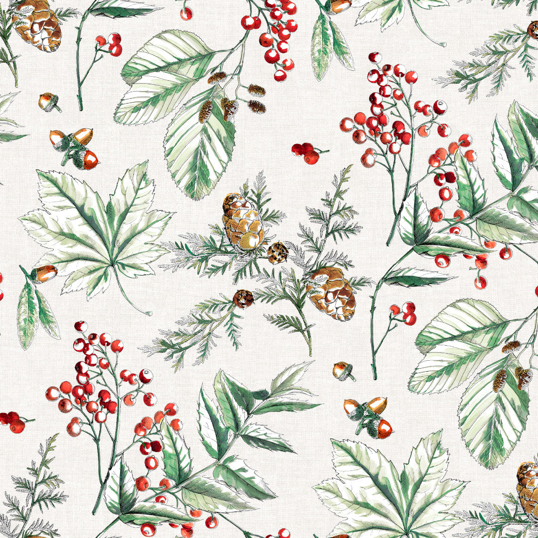 Jul Botanik Röd - Närbild med gröna blad, kottar och röda bär.