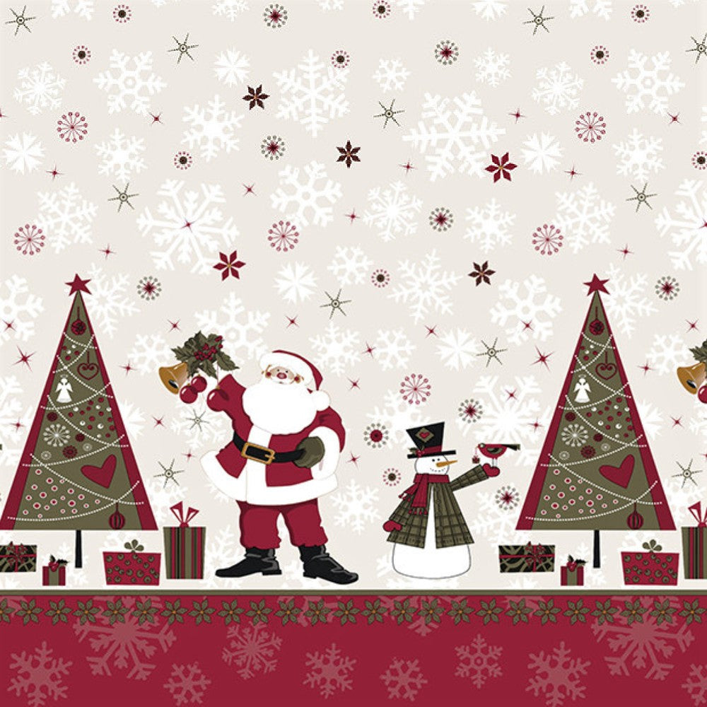 Julduk med tomtar, snögubbar och julgranar och julklappar. Närbild bård