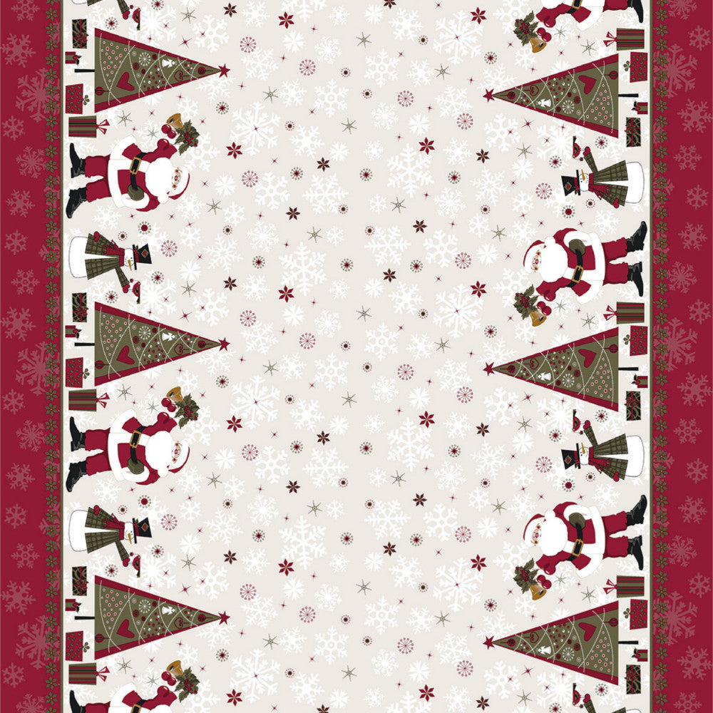 Julduk med tomtar, snögubbar och julgranar och julklappar. uppifrån stjärnor