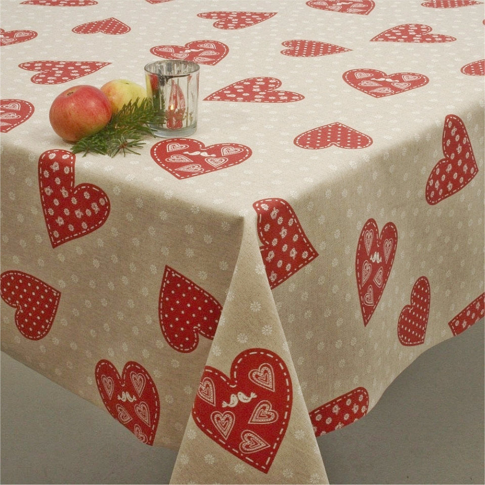 Julduk, textilvaxduk med julhjärtan och turturduvor i linnelook