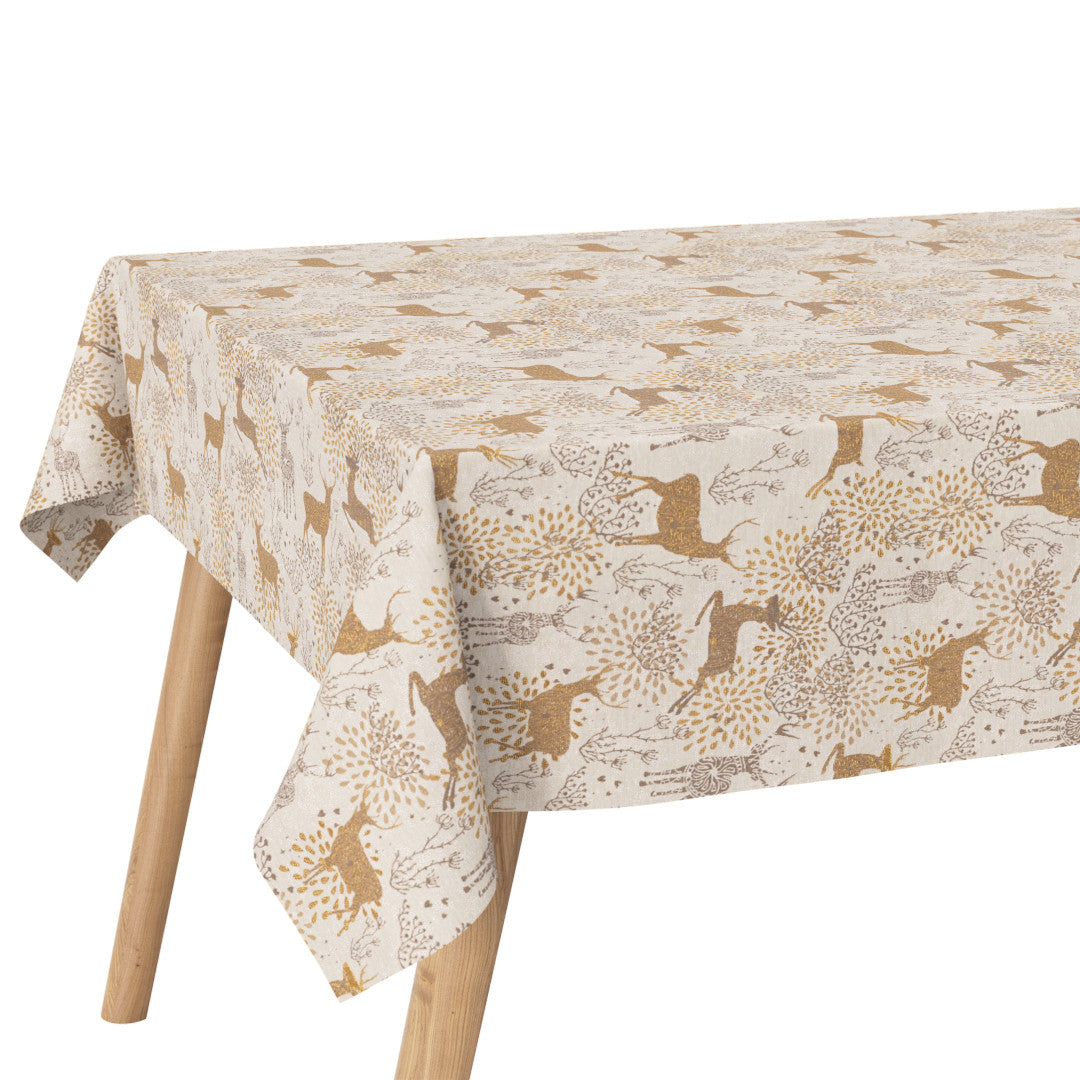 Hörnbild av julduken Golden Reindeer med guldmönstrade renar.