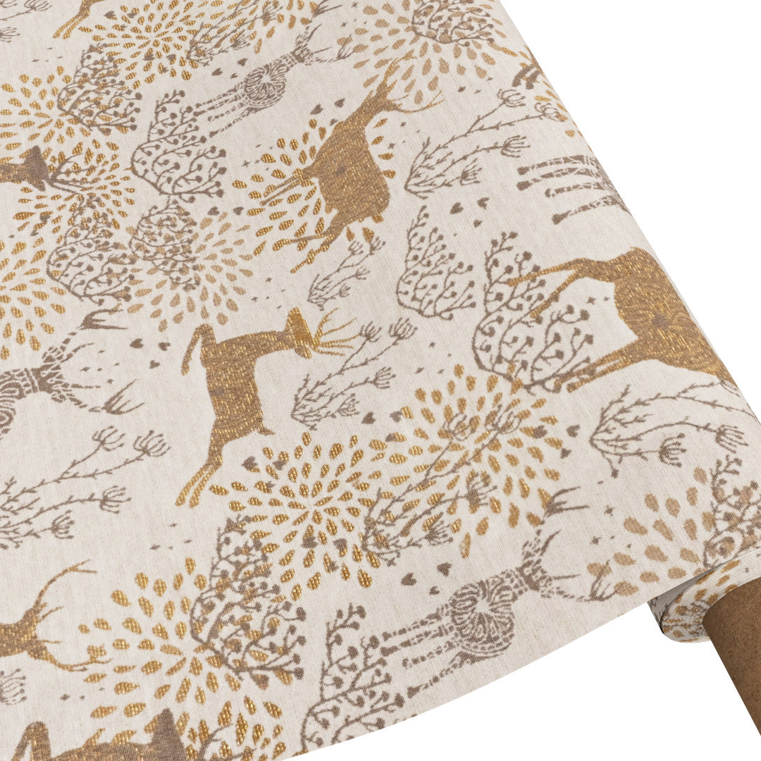 Julduk Golden Reindeers Natur -Textilvaxduk i ljus natur/guld med renar och glidskydd