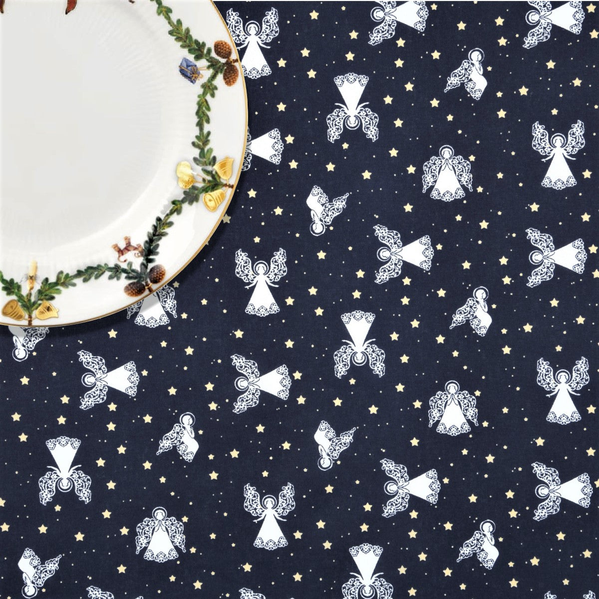 Julänglar Blå - Jultextilvaxduk med stjärnor och änglar
