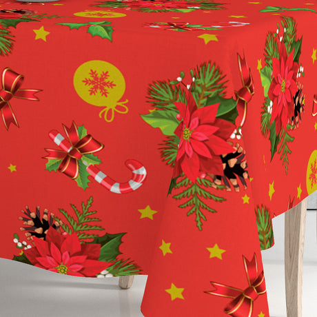 Närbild av hörnet på Julglöd vaxduk med julmotiv