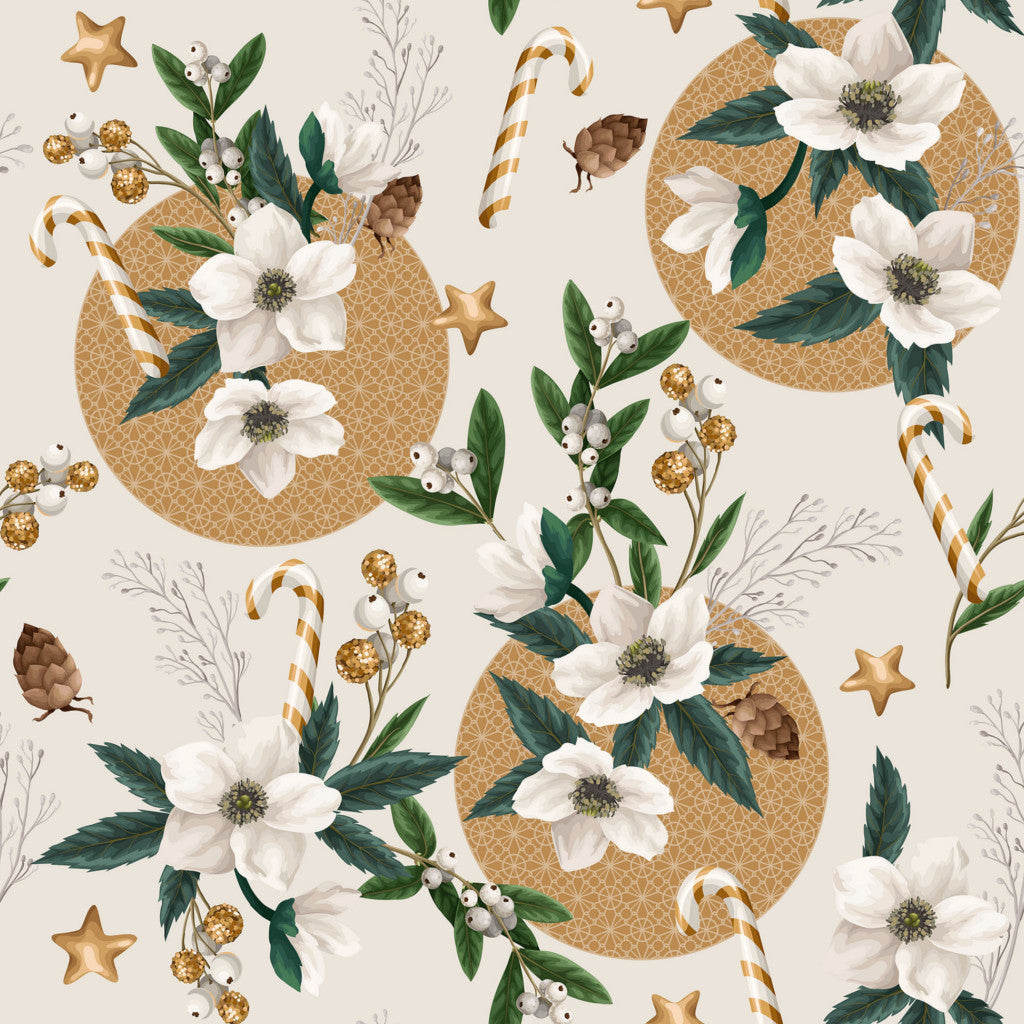 Juleros Råvit - Julvaxduk med vita julrosor