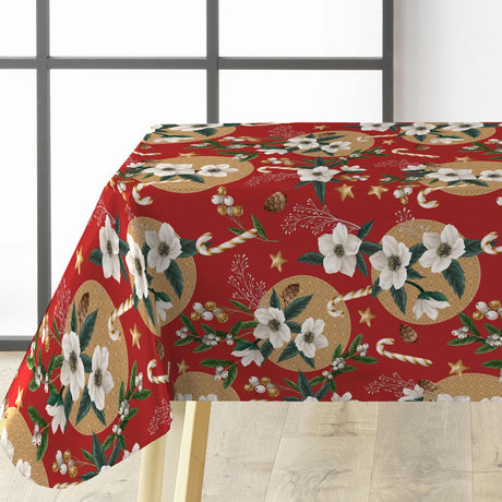 Julros Röd - Julvaxduk, på bordet , vita och gyllene bär, polkagriskäppar