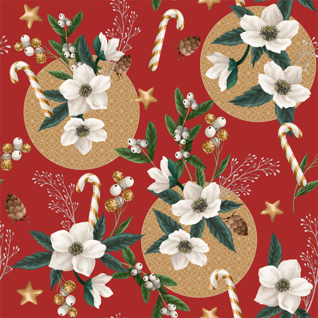 Julros Röd - Julvaxduk , närbild vita julroser, kottar