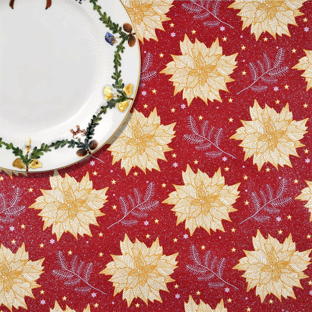 Julstjärna Röd – Jultextilvaxduk med julstjärnor, gran och glitter