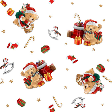 Julduk med söta nallar med tomtekläder och julklappar. Närbild