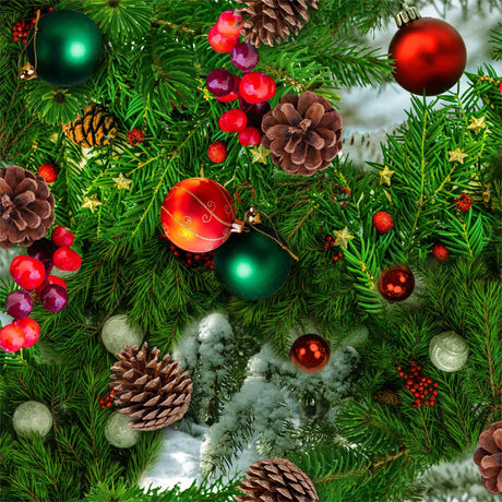 Massor av Jul - Vacker julduk med färgglada juldekorationer, närbild