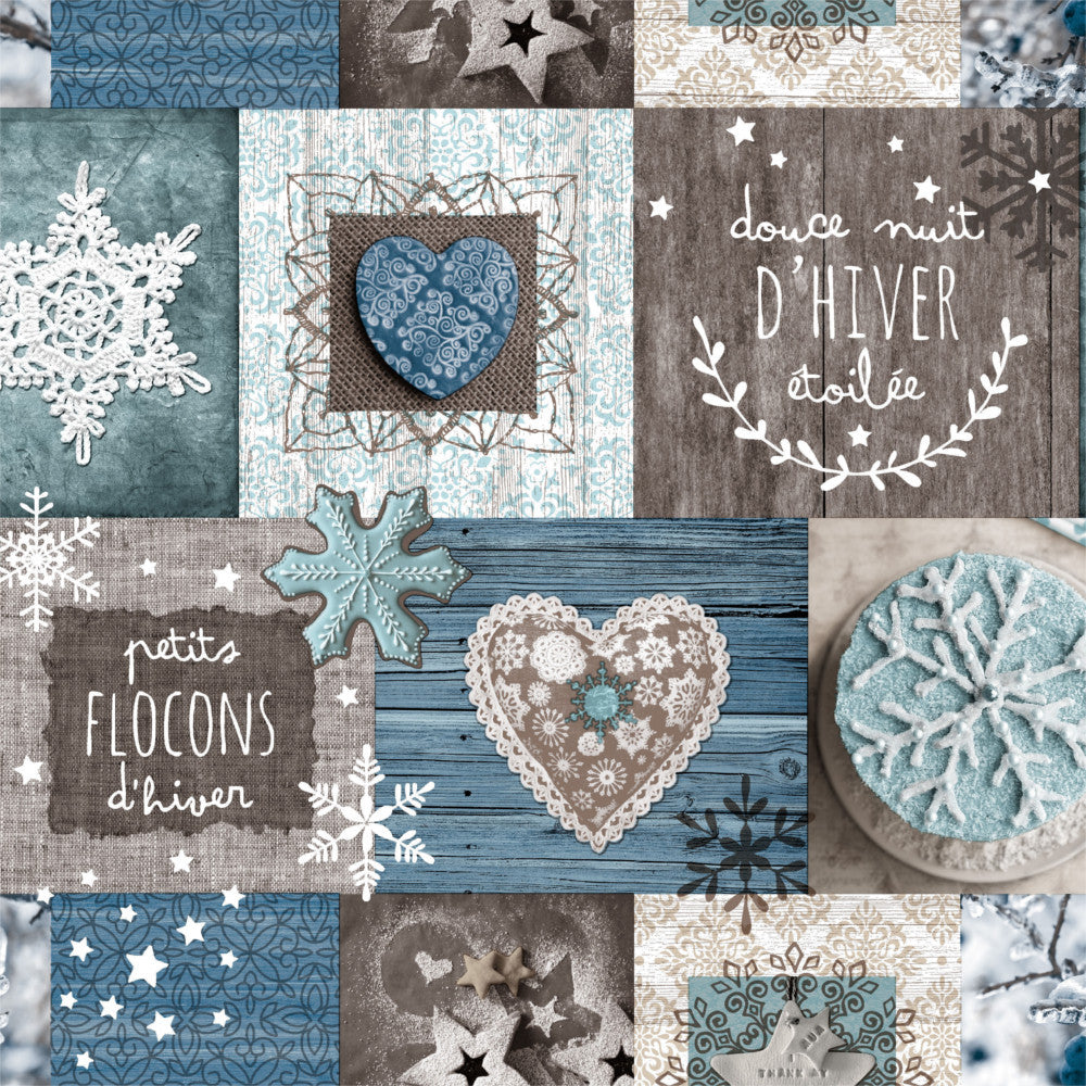 Hörnbild av Julvaxduk Flocons - Små snöflingor - blå