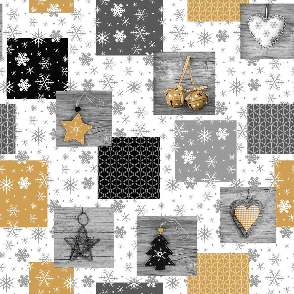 Julvaxduk - Snöflingor och hjärtan, i grått, silver, svart och guld