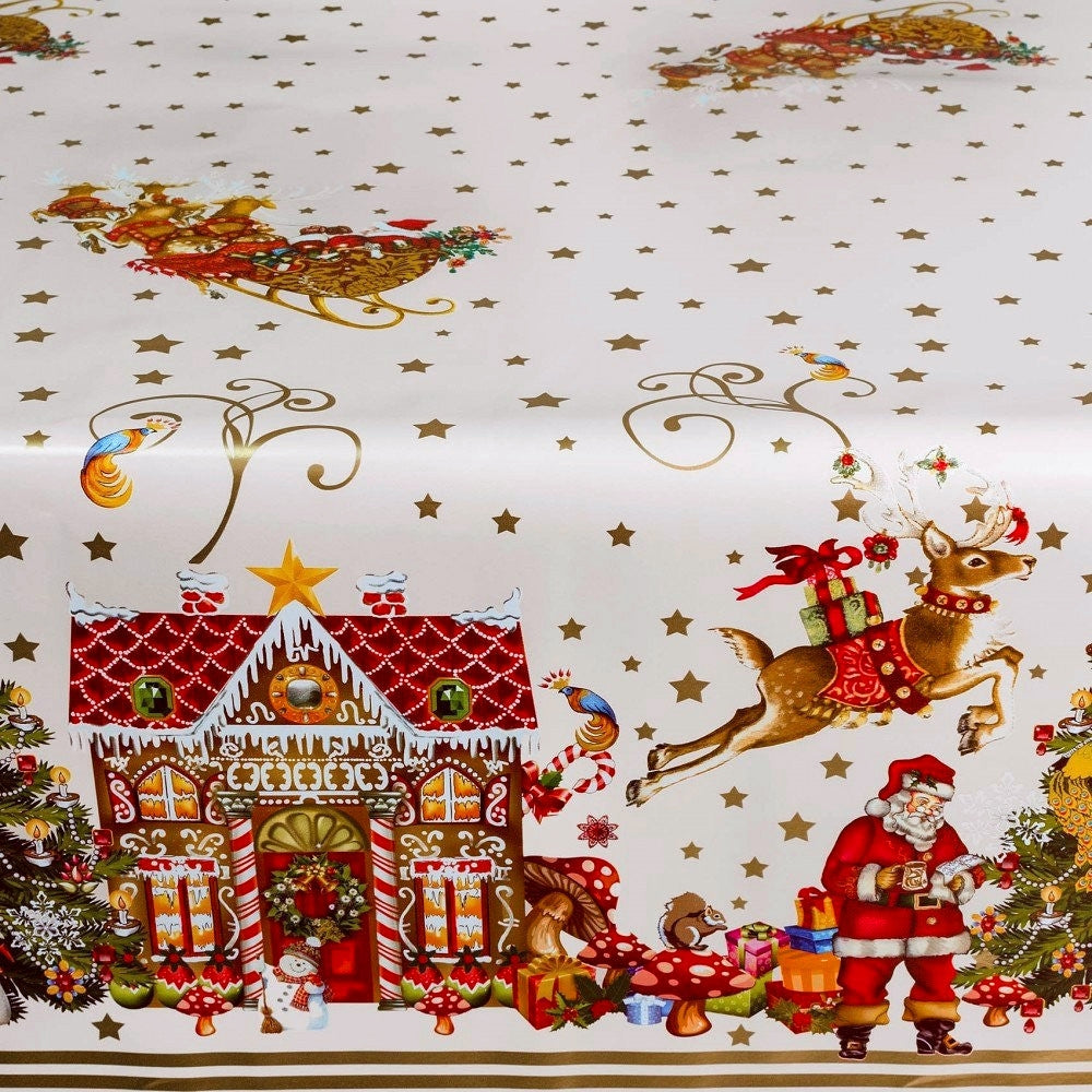 Julvaxduk - Jul i Pepparkakshuset, På bordet girlande med fågel