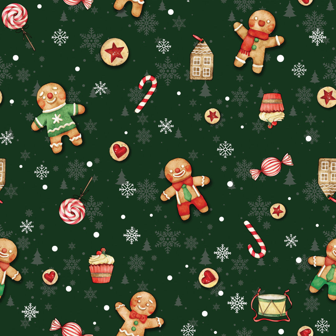 Julvaxduk - Julgodis och pepparkaksgubbar och gummor - Grön. Närbild