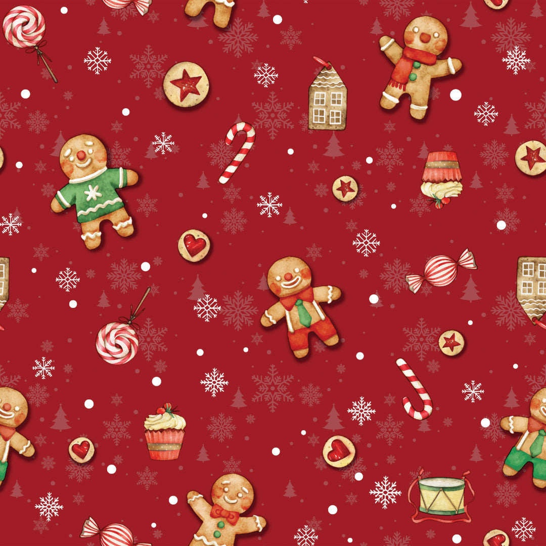 Julvaxduk - Julgodis och pepparkaksgubbar och gummor - Röd. Närbild