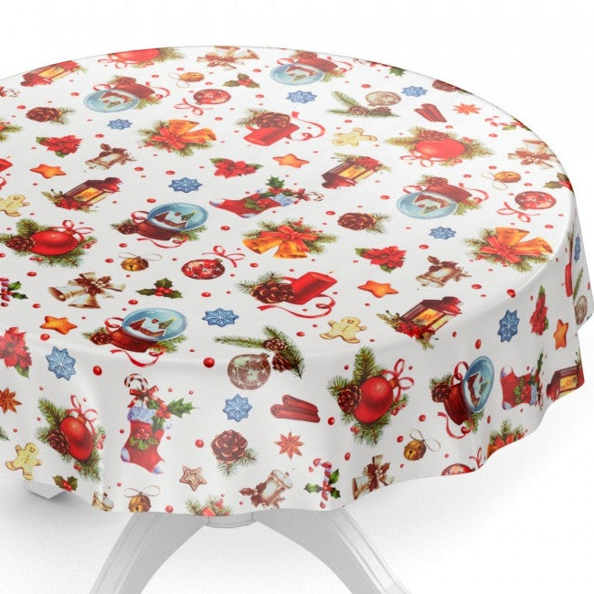 Julvaxduk med lyktor som rund duk