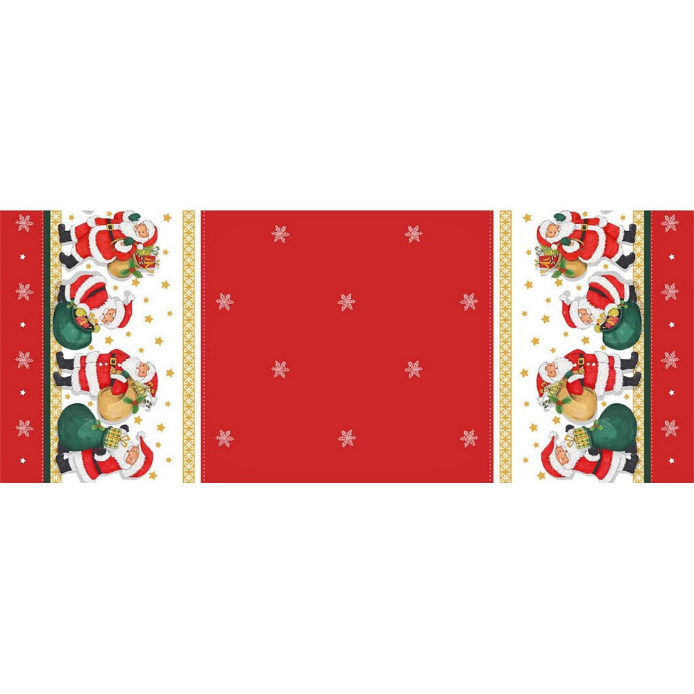 Jultomten med sin säck - julvaxduk bild uppifrån, tomtar julklappssäckar