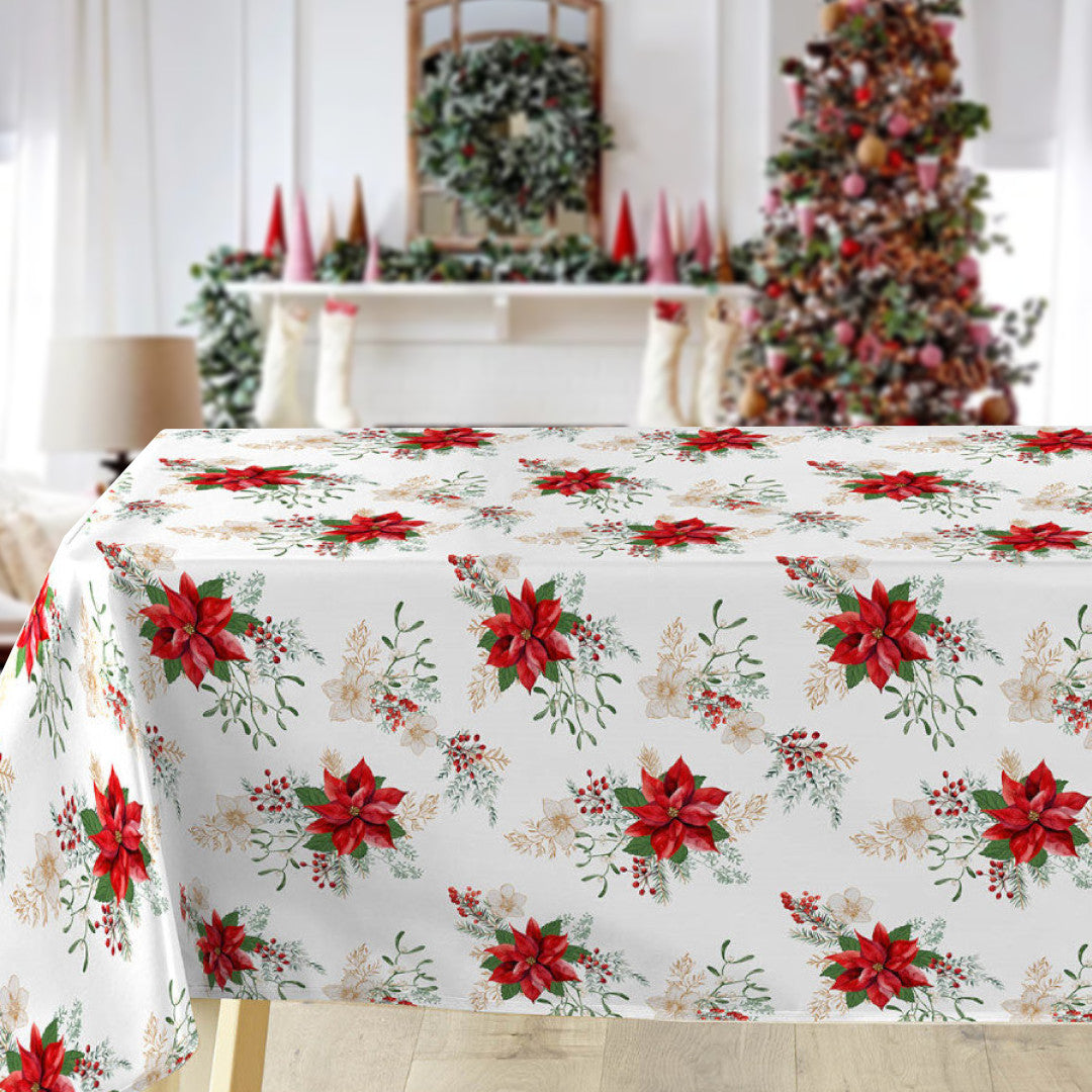 Julvaxduk "Julestjärnans Elegance" miljö, grankvistar, röda bär