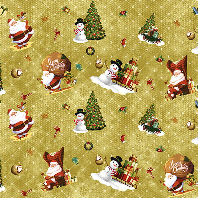 Julvaxduk God Jul - Gyllene Jul. Närbild Tomten, julgran, paket, kulor