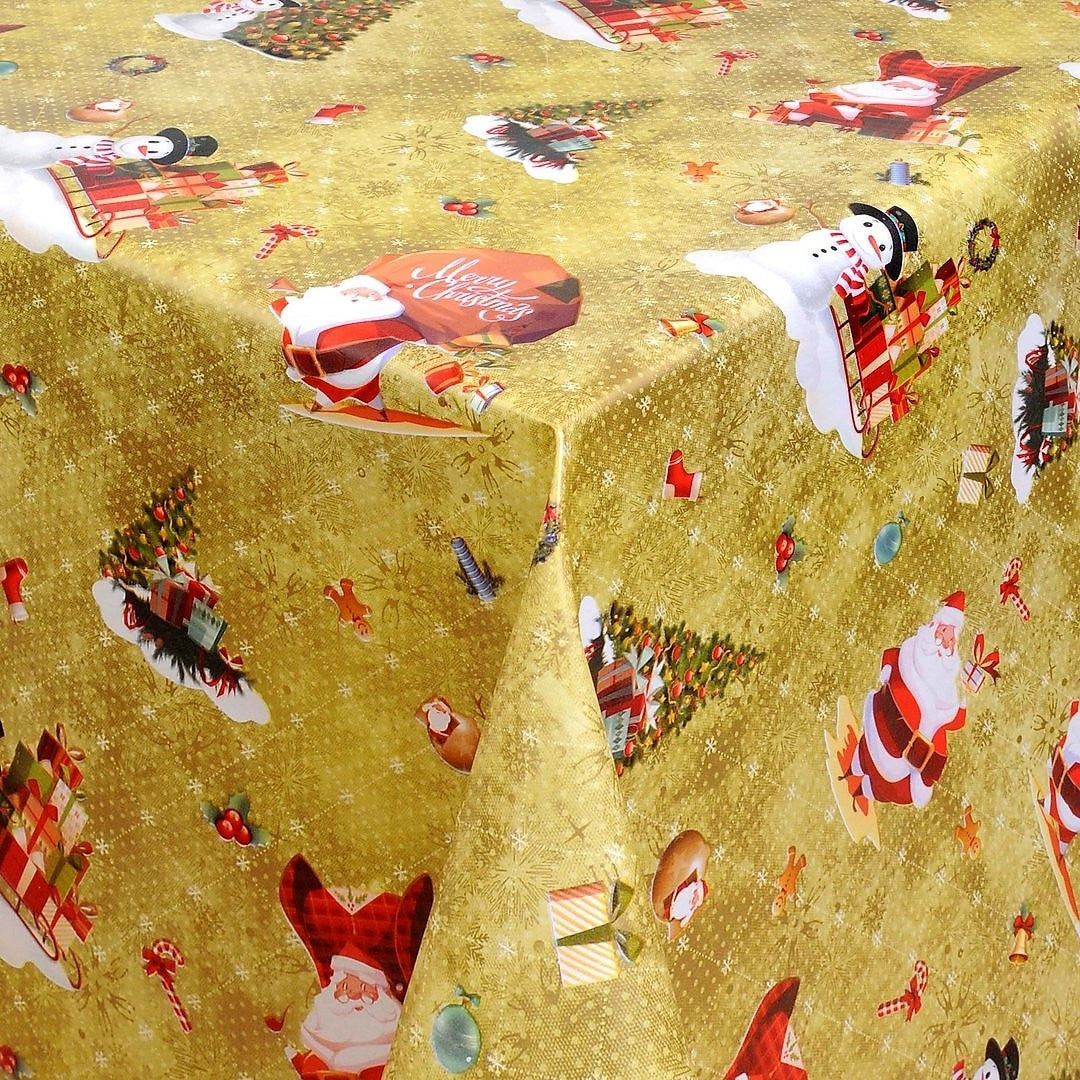 Julvaxduk God Jul - Gyllene Jul, på bordet snögubbe, julsock, bjällra