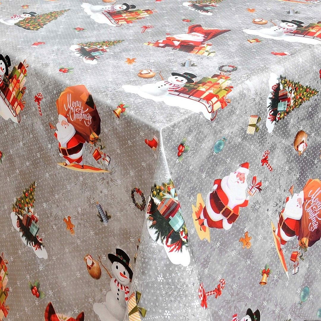 Julvaxduk Merry Christmas - Jul i silver med olika tomte motiv 140 cm bred
