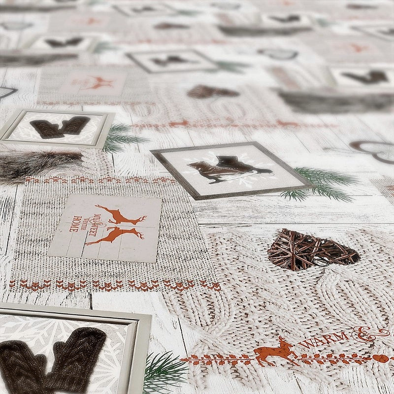 Närbild av Julvaxduk - Skridskoåkning i juletid, med hjärtan, vantar och renar