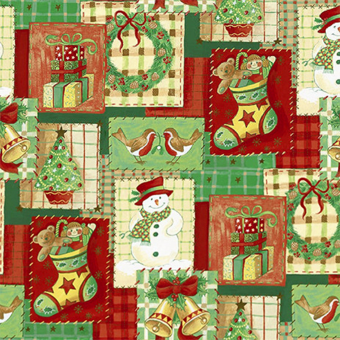 Julvaxduk med patchwork av julpynt i färg, närbild