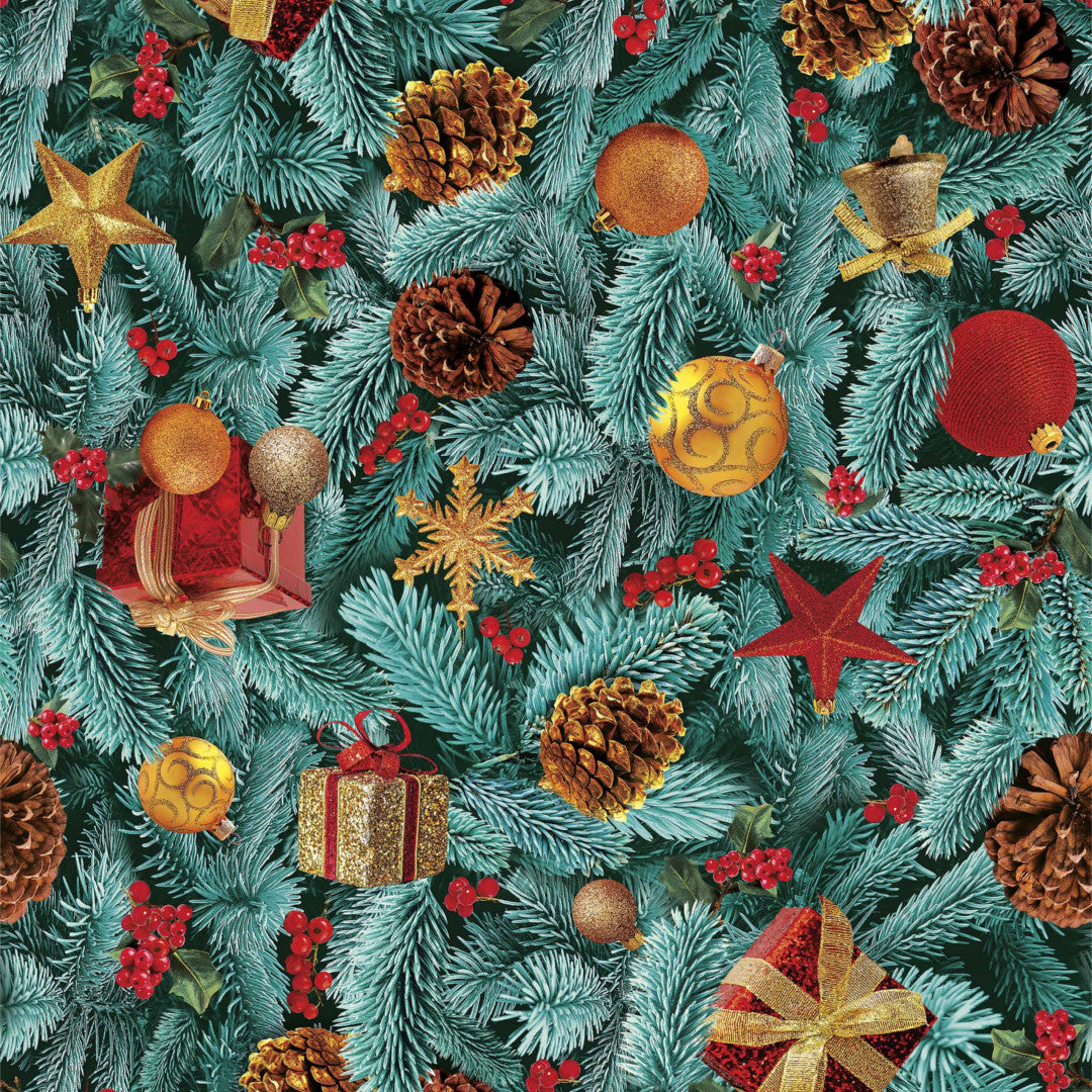 Gran med pynt - Julvaxduk med gran och dekorationer. Närbild Kottar kulor, paket