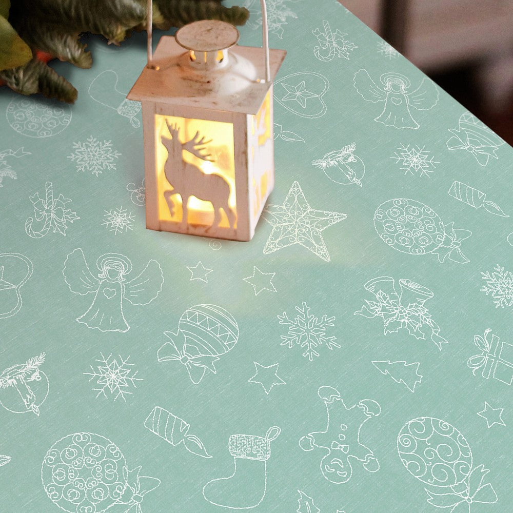 Smile Ljus blå - Julvaxduk med fina vita streck teckningar . Miljöbild, änglar, stjärnor, ljus