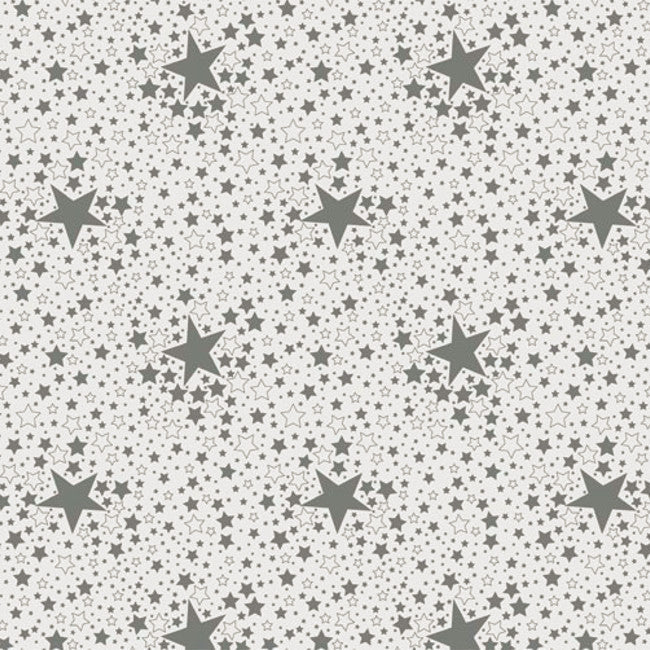 Stjärnhimmel Silver - Julvaxduk med stjärnor i silver på en vit bakgrund, närbild