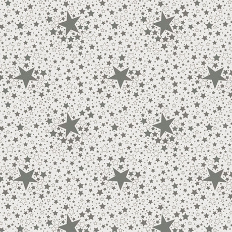 Stjärnhimmel Silver - Julvaxduk med stjärnor i silver på en vit bakgrund, närbild