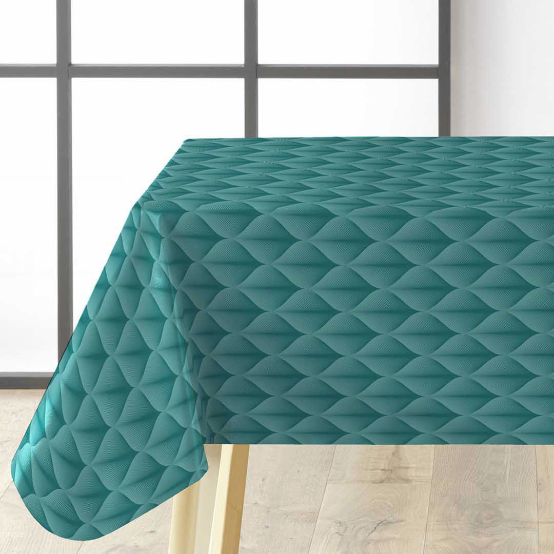 Kalini Luxury Blue – vaxduk med grafiskt mönster och fantastisk 3D-effekt. på bordet
