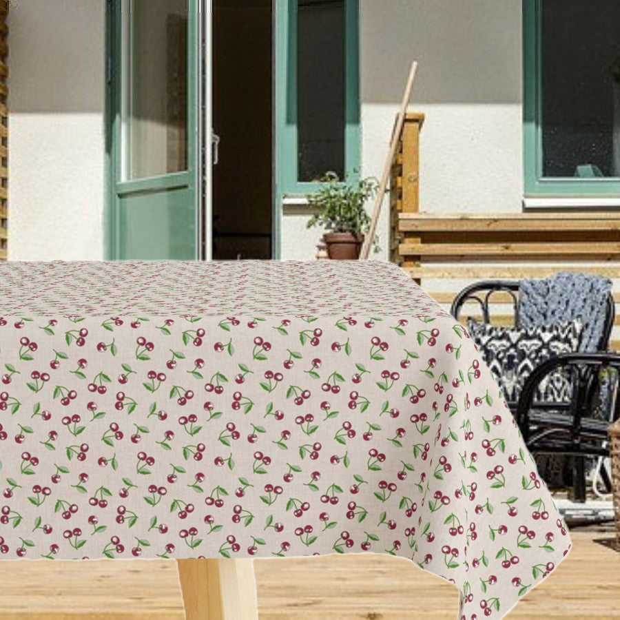 Kirsebärsskörd - Vacker textilvaxduk med körsbär på en bakgrund i linnelook