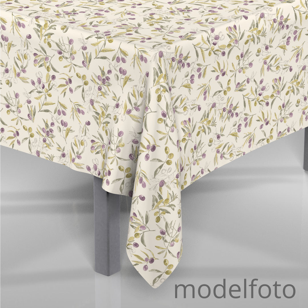 L’oliveto – Textilvaxduk i linnelook med gröna och svarta oliver på gren